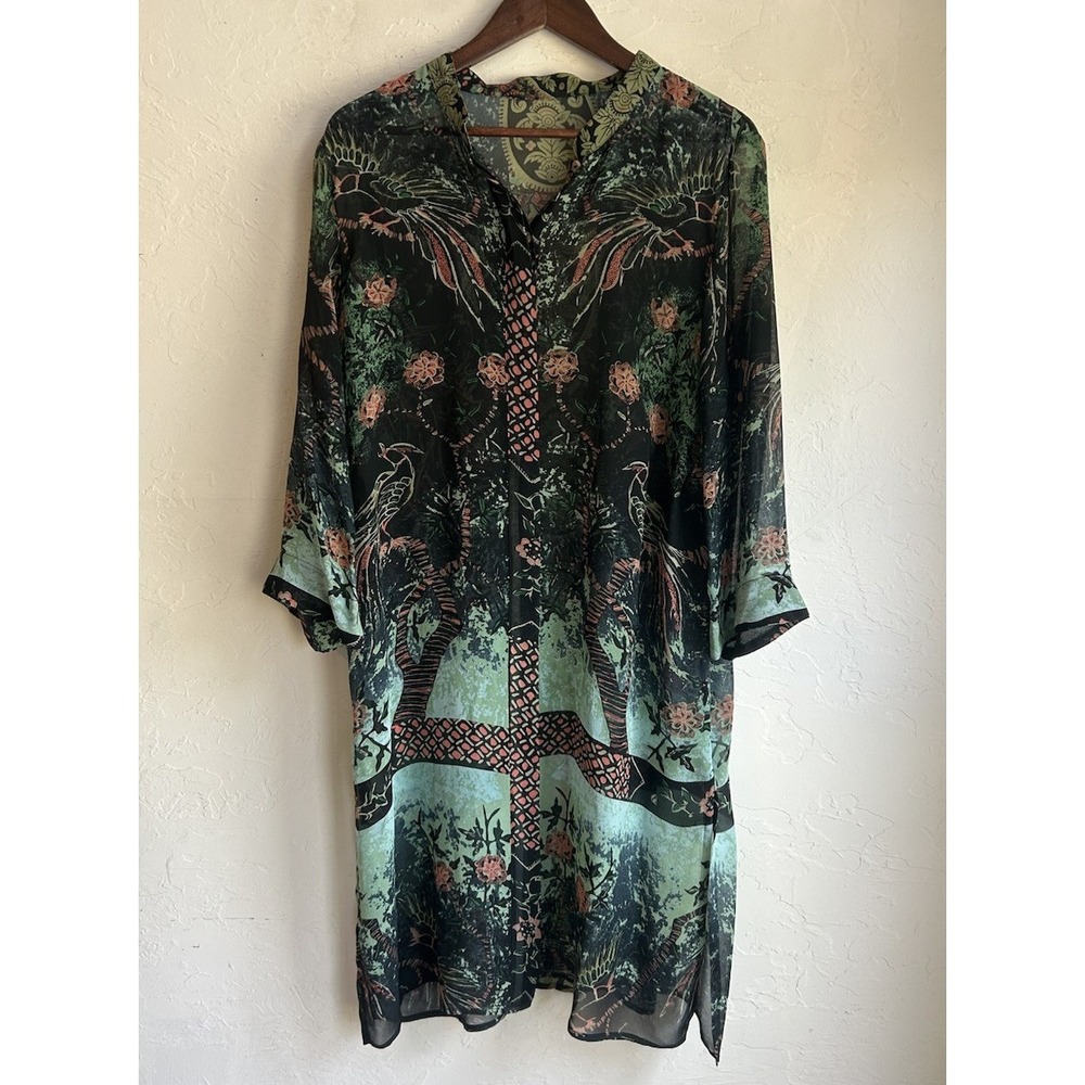Citron Sheer Silk Tunic Dress L Dark Floral Bird Whimsigoth Art Resort Luxury